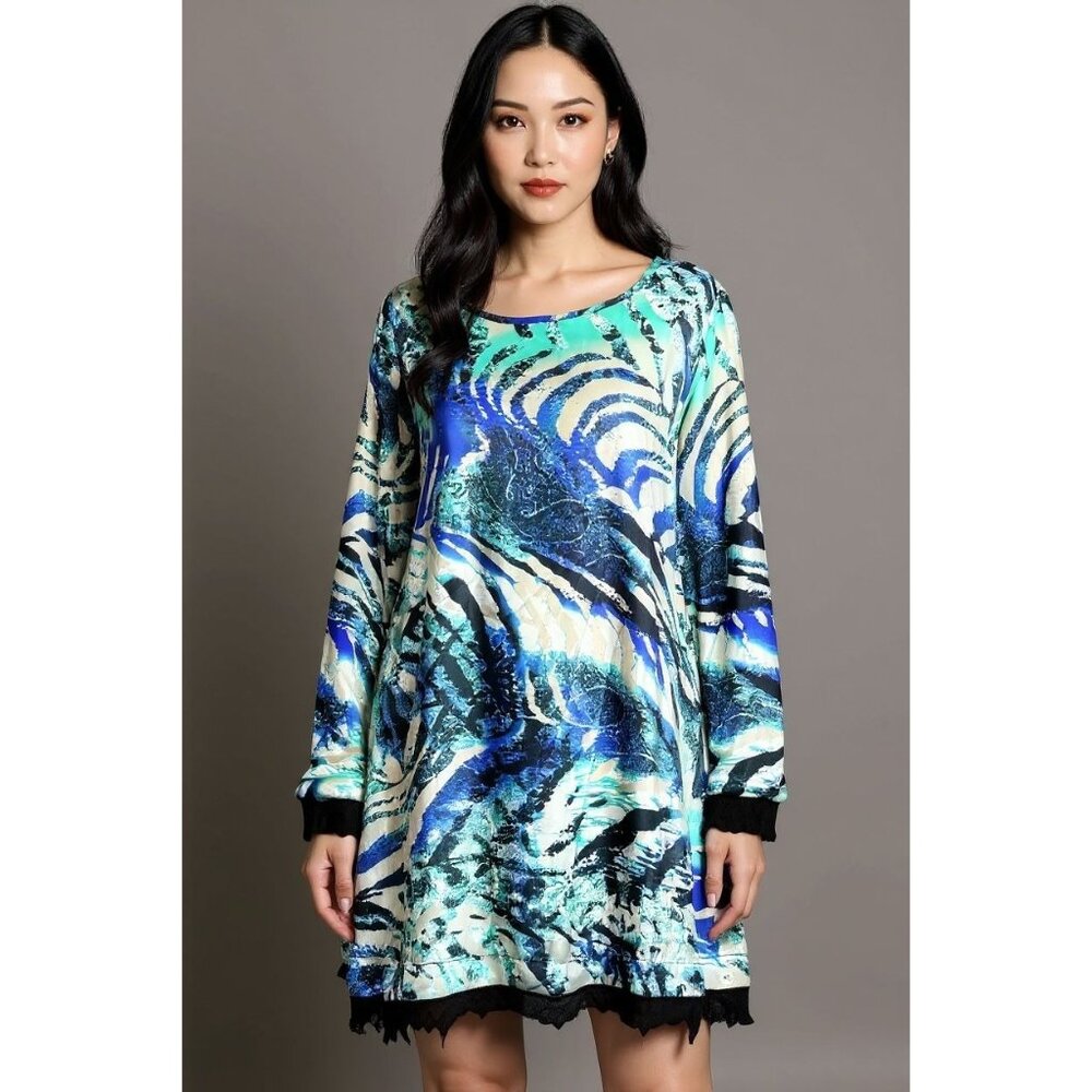Women’s  L Abstract Print Shift Dress Long Sleeve Blue Green Black Party Boho
